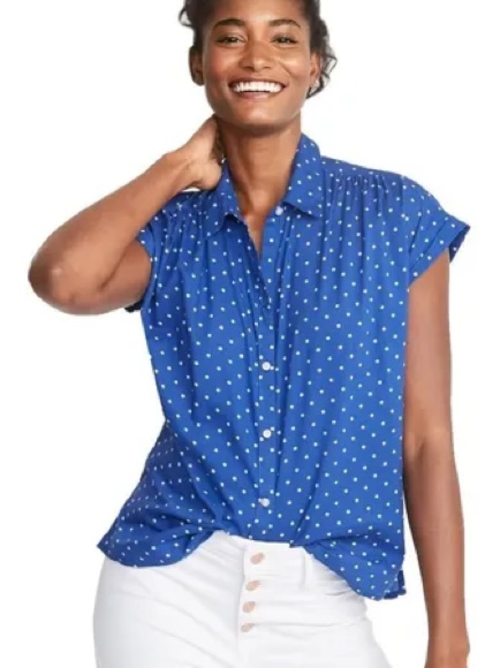Old Navy Blue Polka Dot Front Botton Cap Sleeve Blouse - Size: medium